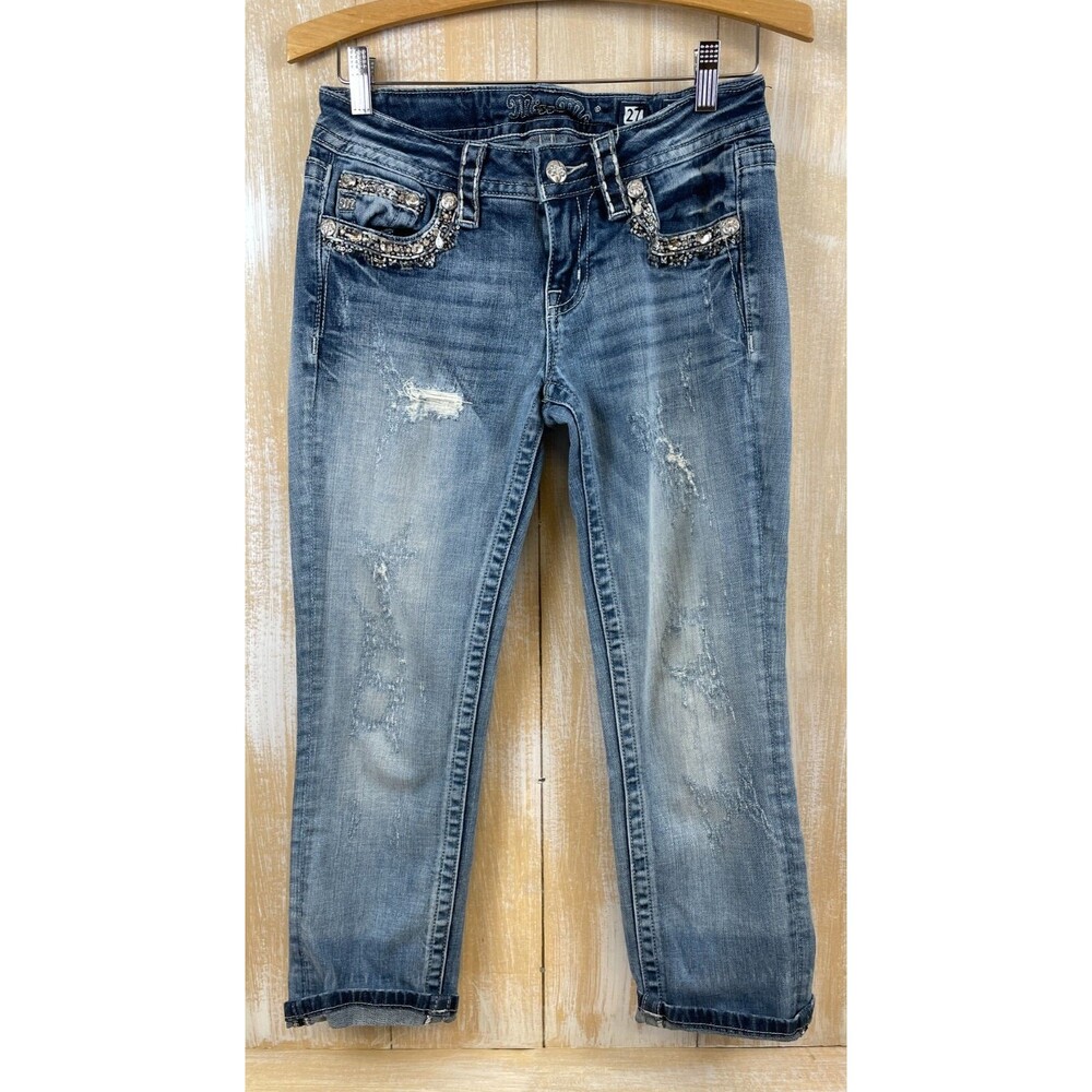 MISS ME Signature Crop Women’s Cuffed Blue Jeans Size 27 Bling Embellished